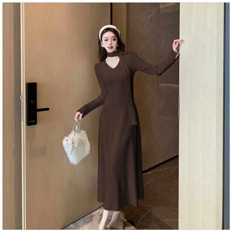 ロングニットワンピース 全4色 ストール付き[品番：JSFW0014457