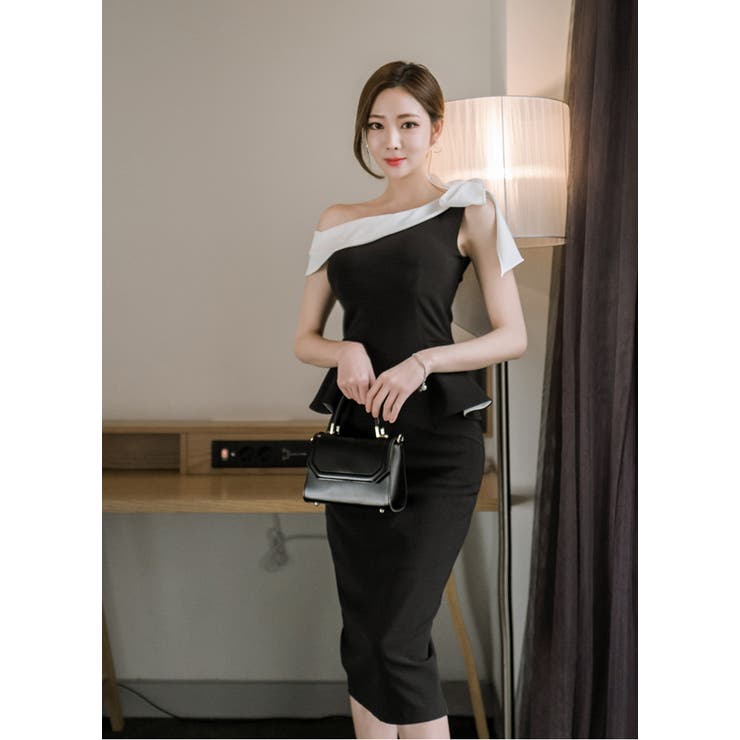 肩リボンワンショルダー バイカラーミディアムドレスワンピ パーティードレス[品番：JSFW0005285]｜JS  FASHION（ジェーエスファッション）のレディースファッション通販｜SHOPLIST（ショップリスト）