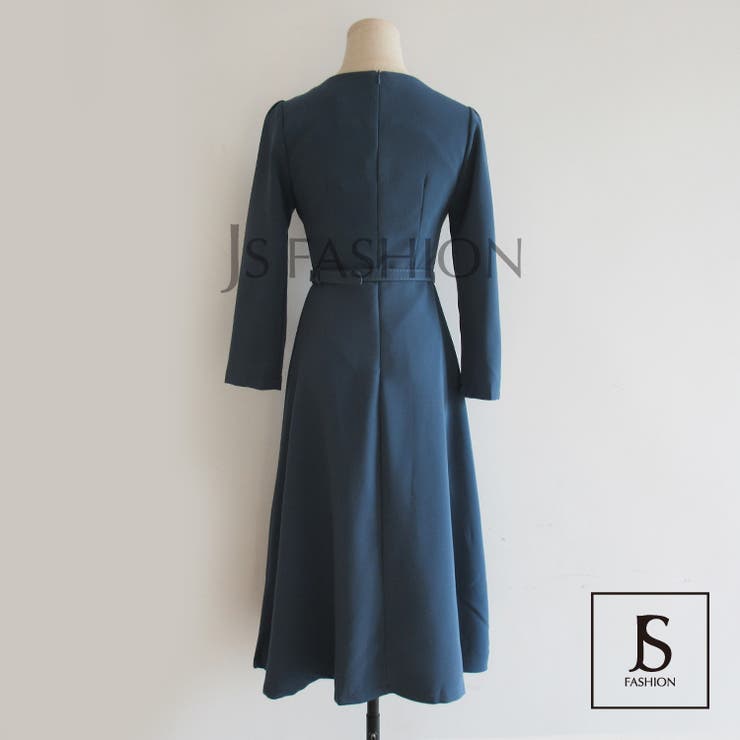 ロングワンピース スクエアネック ベルト付き[品番:JSFW0007044 ロングワンピース スクエアネック ベルト付き[品番:JSFW0007044