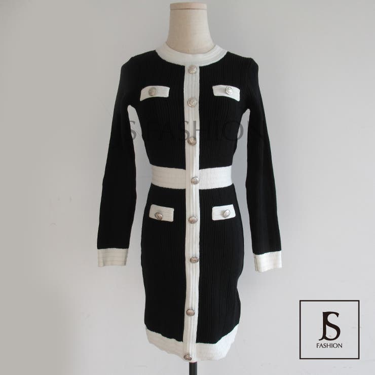 ニットワンピース 配色が映えるバイカラー ボタン飾り[品番