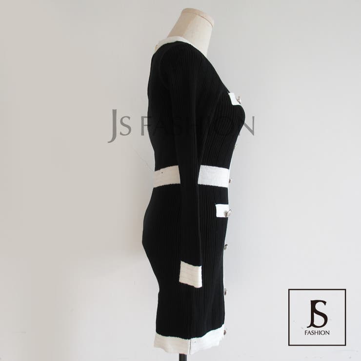 ニットワンピース 配色が映えるバイカラー ボタン飾り[品番