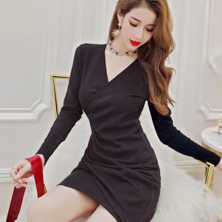新作セール DKNY ワンピース 美ライン ルーシング ラップ風 ニットワンピース 2色 ラップワンピース風[品番：JSFW0007060