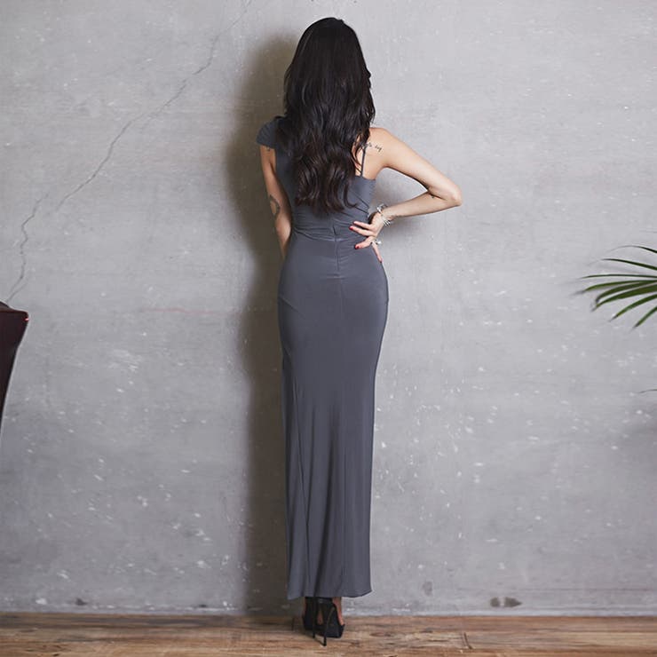 グレー スリット入りロングドレス Lace Ladies ドレス スリット入りフリル五分袖 総レースフォーマル