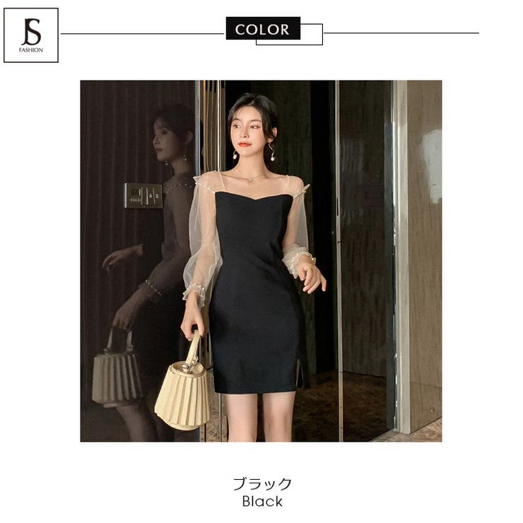 パーティードレス ビジュー飾り シースルー袖[品番：JSFW0007228