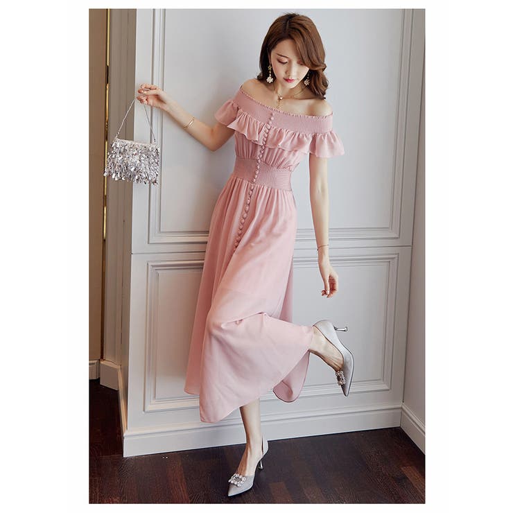 ロングワンピース オフショルダー ボタン飾り[品番：JSFW0007223]｜JS