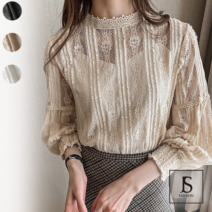 レースブラウス全3色 総レースブラウストップス 刺繍レース[品番