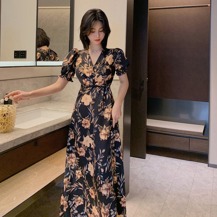 年中活躍✿上品な花柄ロングワンピース☽デートやパーティに パーティードレス 花柄 ロングワンピース[品番：JSFW0007435