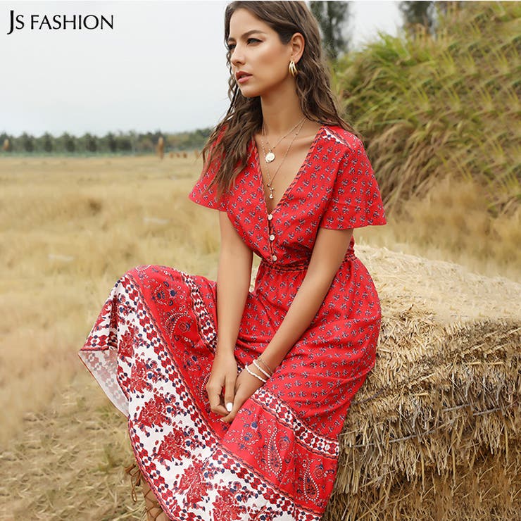 デニム ワンピース シャツワンピース 五分袖 半袖 膝丈 エスニック 柄