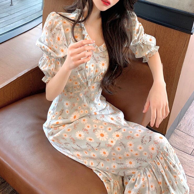 花柄ワンピース シフォンワンピース 半袖[品番：JSFW0008308