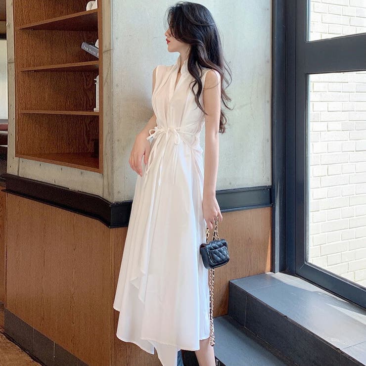シャツワンピース ロングワンピース ノースリーブ[品番