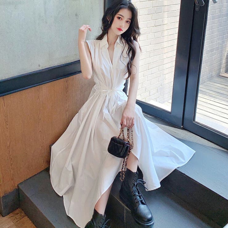 シャツワンピース ロングワンピース ノースリーブ[品番
