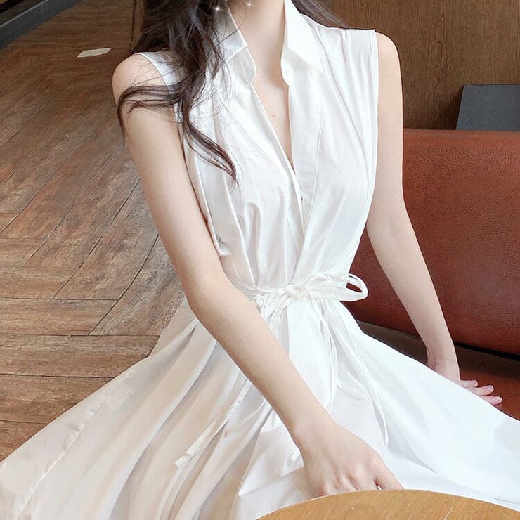 シャツワンピース ロングワンピース ノースリーブ[品番