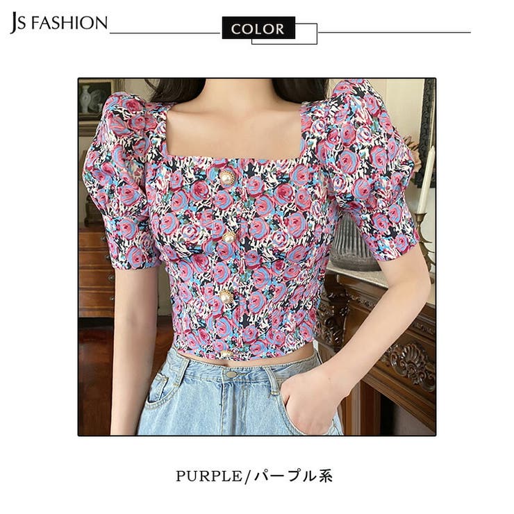 バックリボン花柄クロップド丈トップス レディース 花柄トップス バックリボン クロップド丈[品番：JSFW0008354
