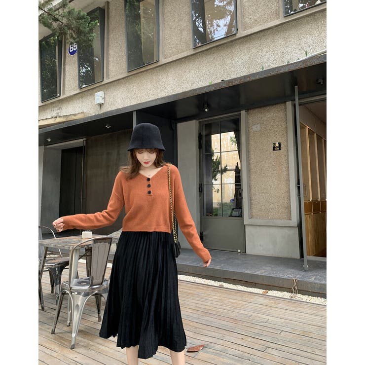 ★全2色★セットアップ トップス プリーツスカート セットアップ 全2色 ニットトップスとプリーツスカート上下