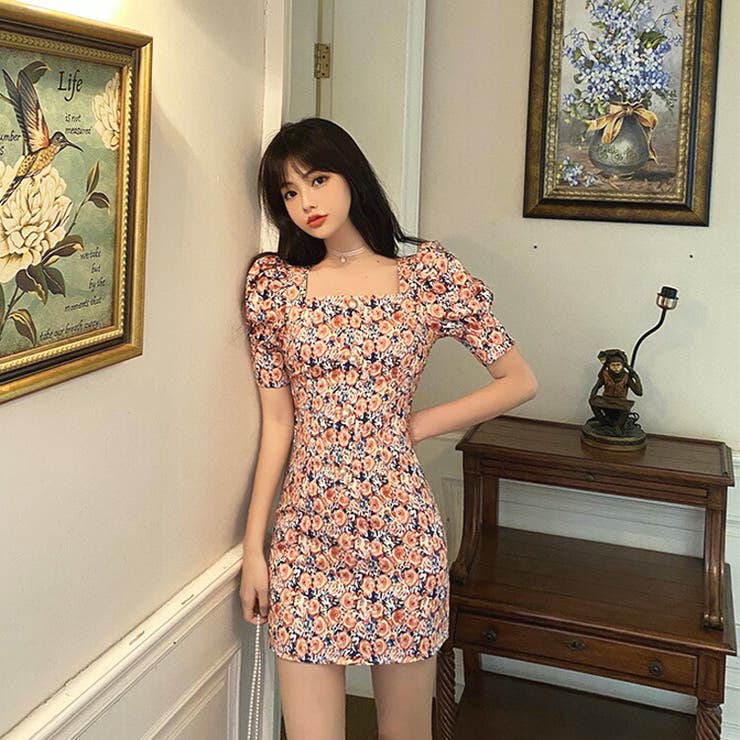 花柄ワンピース 全2色 バックリボン[品番：JSFW0008355]｜JS FASHION  