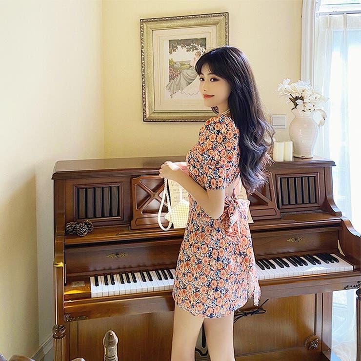 花柄ワンピース 全2色 バックリボン[品番：JSFW0008355]｜JS FASHION  