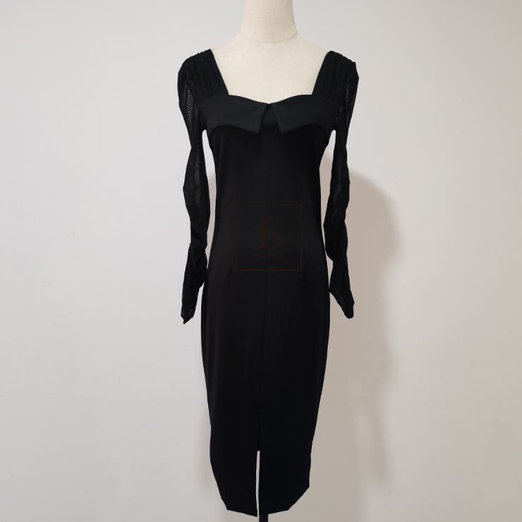 パーティードレス スクエアネック 異素材切替ワンピース[品番