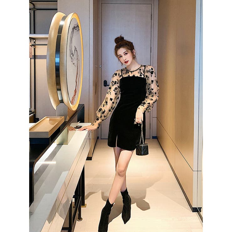 パーティードレス 花柄トップスとベロアワンピース2点セットアップ ブラックワンピ 品番 Jsfw Js Fashion ジェーエスファッション のレディースファッション通販 Shoplist ショップリスト