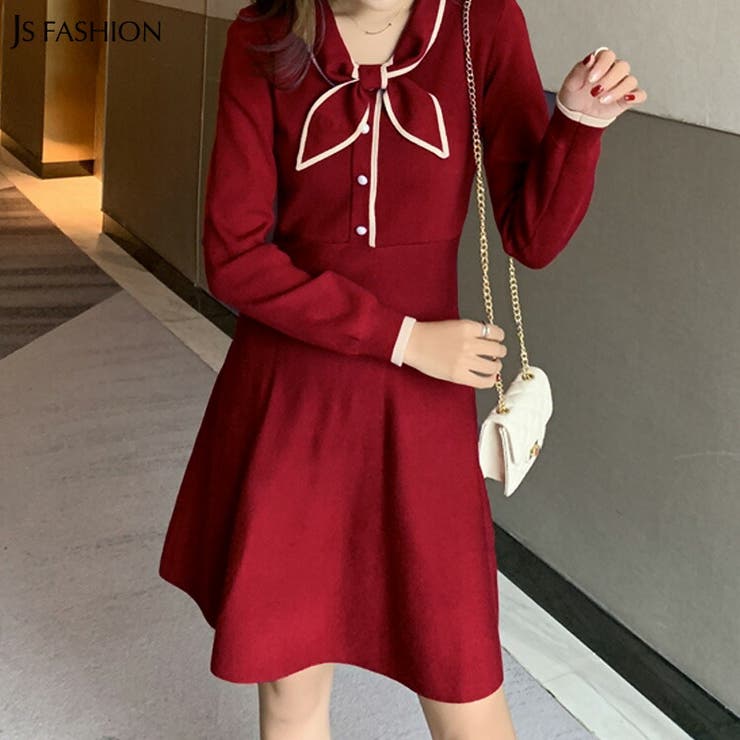 ニットワンピース 全2色 首元リボン[品番：JSFW0007957]｜JS