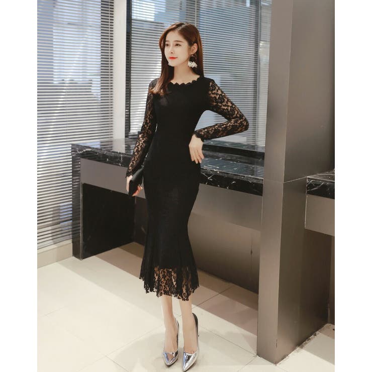 CHICWISH★総レースワンピース 2色☆ レース七分袖×ダマスク柄ワンピースドレス結婚式ワンピース