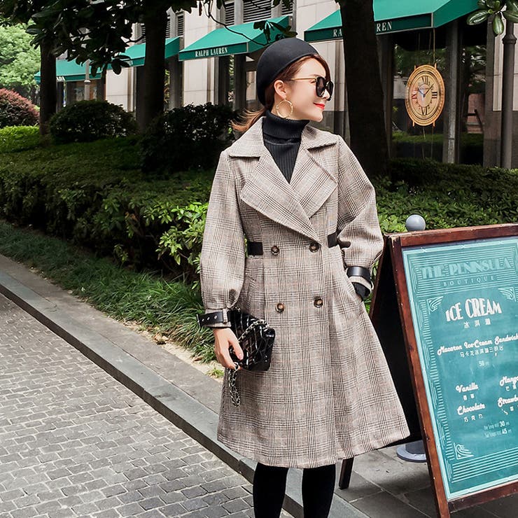 ベルトデザイン チェック柄Aラインコート バルーン袖[品番：JSFW0005566]｜JS  FASHION（ジェーエスファッション）のレディースファッション通販｜SHOPLIST（ショップリスト）