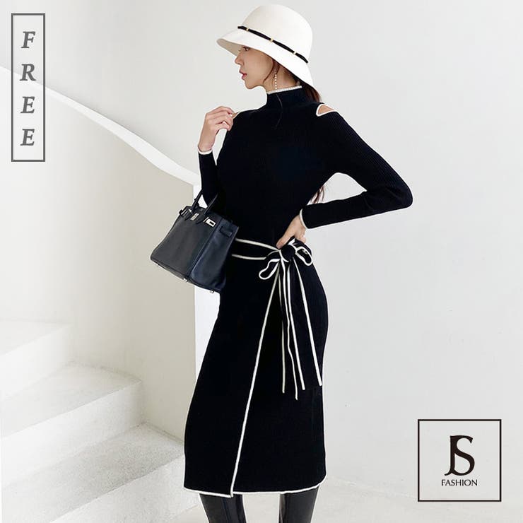 オープンショルダー リブニットワンピース ウエストリボン | JS FASHION | 詳細画像1 