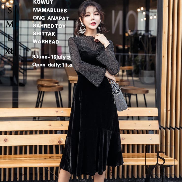 ベロアワンピース ラメシフォン切替 裾フリル[品番：JSFW0006510]｜JS  