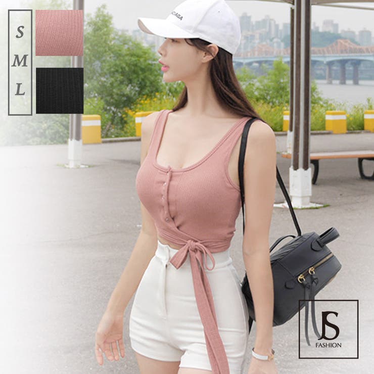 タンクトップ リブカットソートップス ウエストリボン[品番：JSFW0006683]｜JS FASHION（ジェーエスファッション）の