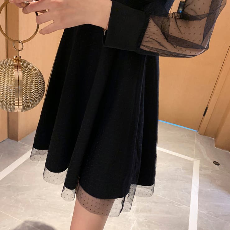 レディース シースルー チュール ドレス ドット シースルー×ドットフラワー刺繍ミディアムドレス パーティー