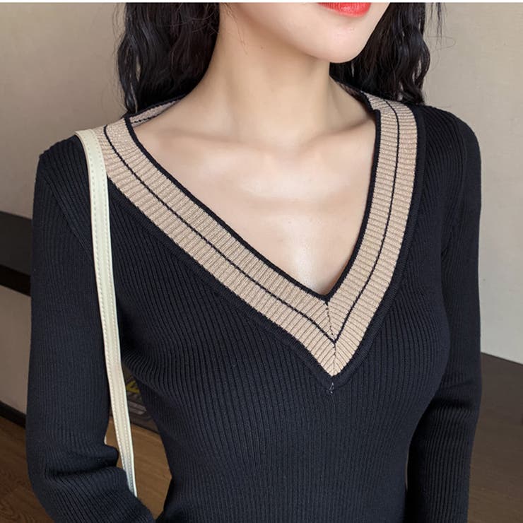 ニットワンピース バイカラー Vネック[品番：JSFW0006942]｜JS FASHION