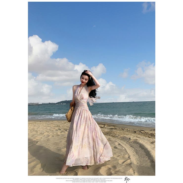 ドレス ワンピース ホルターネック Vネック プリーツデザイン SYBILLA DRESS】リネンホルターネック ベア付きドレス