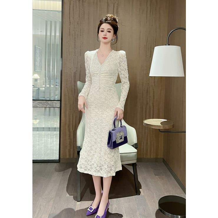 FOXEY ベージュ Vネック クロスデザイン パーティードレス 43581 Knit Dress 