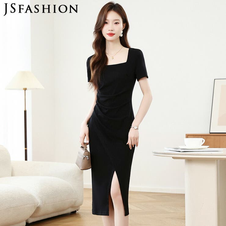 黒ワンピース ウエストギャザー入り スクエアネック | JS FASHION | 詳細画像1 