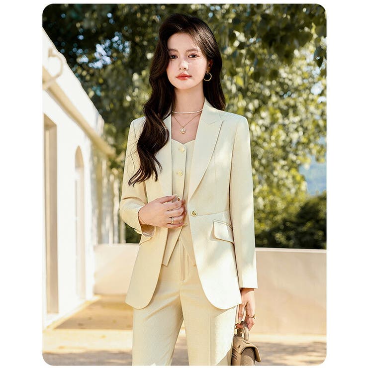 [新品タグ付]TOMORROWLAND パンツスーツセットアップ 1B ベージュ 楽天市場】パンツスーツ セットアップ 全3色 2点セット 黒 紺