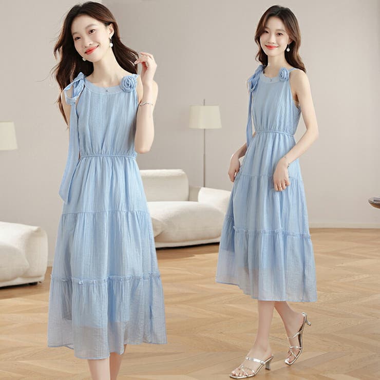 ノースリーブワンピース 涼やかな水色ワンピース 花モチーフ | JS FASHION | 詳細画像2 