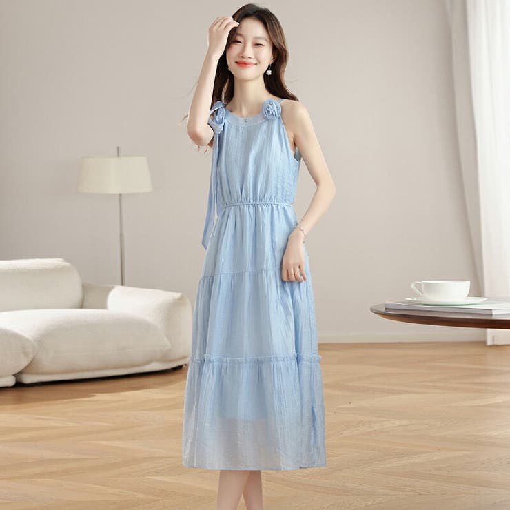 ノースリーブワンピース 涼やかな水色ワンピース 花モチーフ | JS FASHION | 詳細画像3 