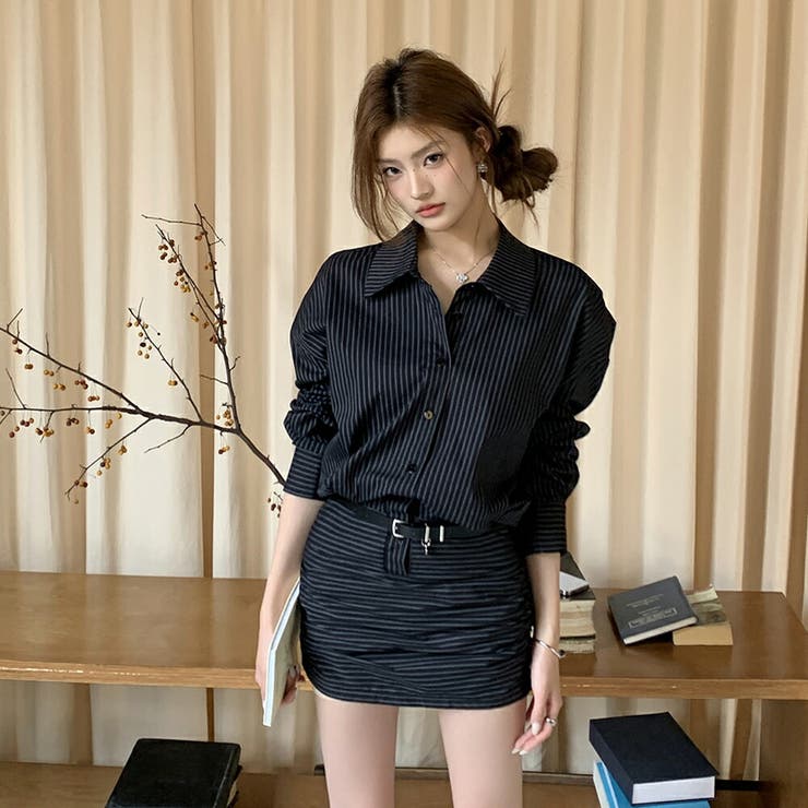 黒ストライプ ベルト付き シャツ風 | JS FASHION | 詳細画像1 