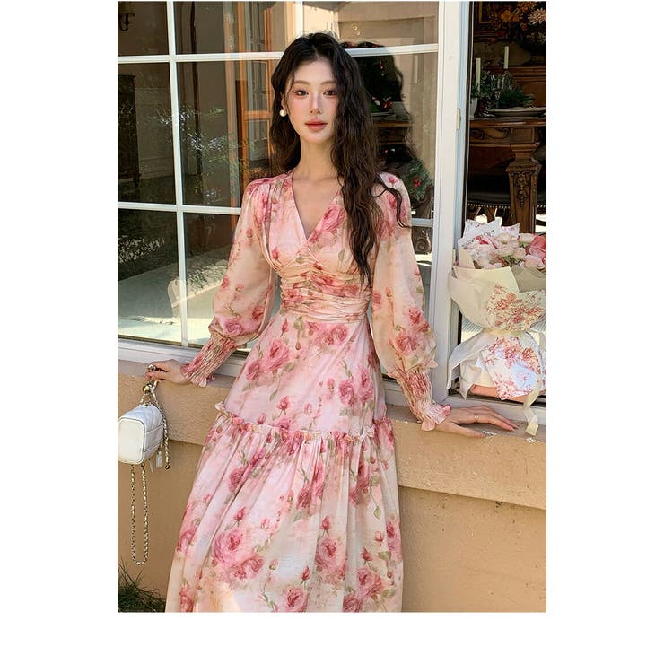 デザイン　ワンピース Alotta 線画タッチ花柄ギャザー切替ワンピース -ファッション