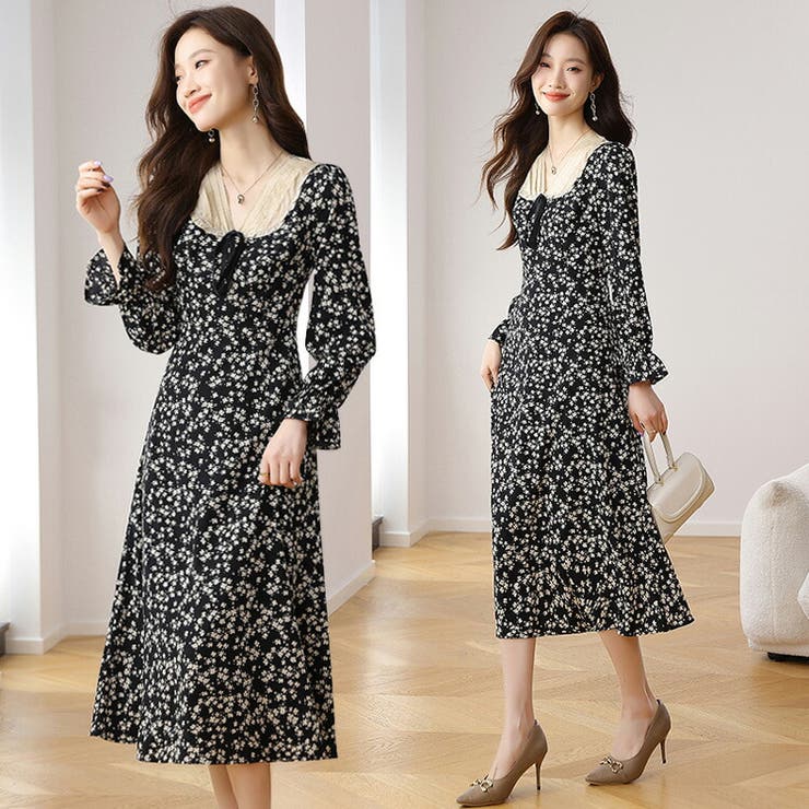 小花柄 ワンピース Vネック[品番：JSFW0014835]｜JS FASHION