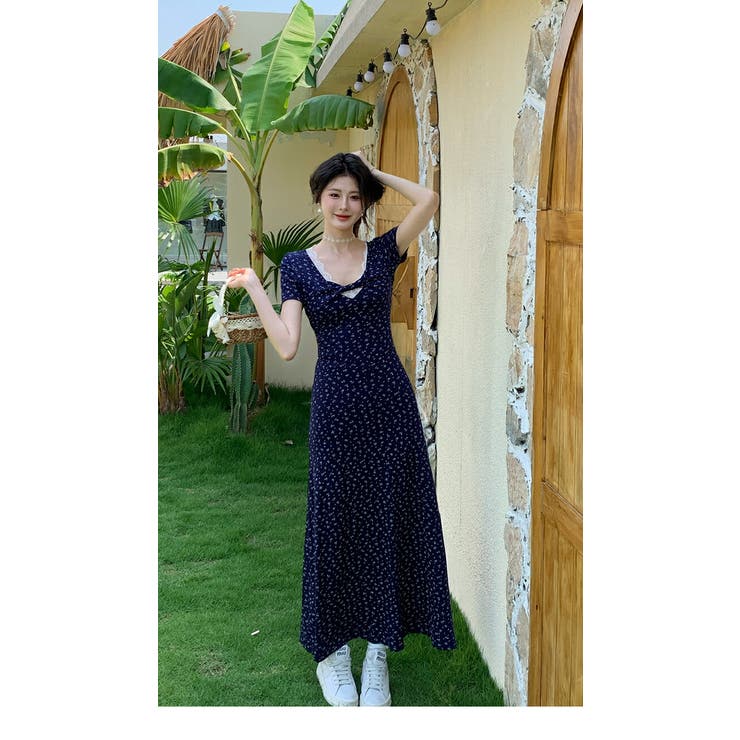 フラワープリント ワンピース レース施しVネック | JS FASHION | 詳細画像9 