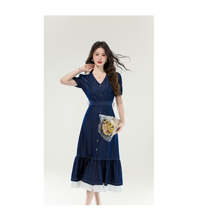 ♡美品♡Marseille Belted Denim Dress　Sサイズ テンセル デニムワンピース ミモレ丈[品番：JSFW0014981]｜JS