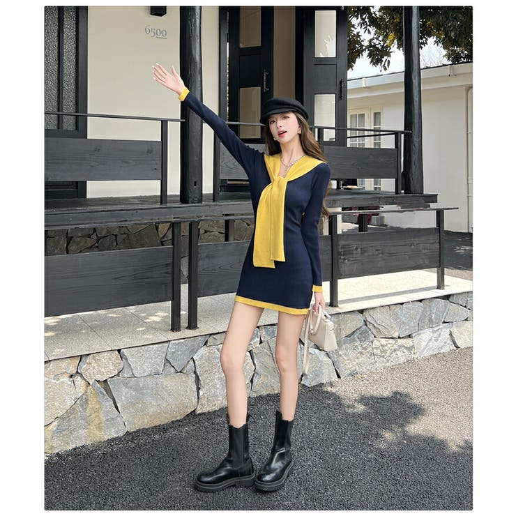 バイカラー ニットワンピース ショール付きデザイン | JS FASHION | 詳細画像9 