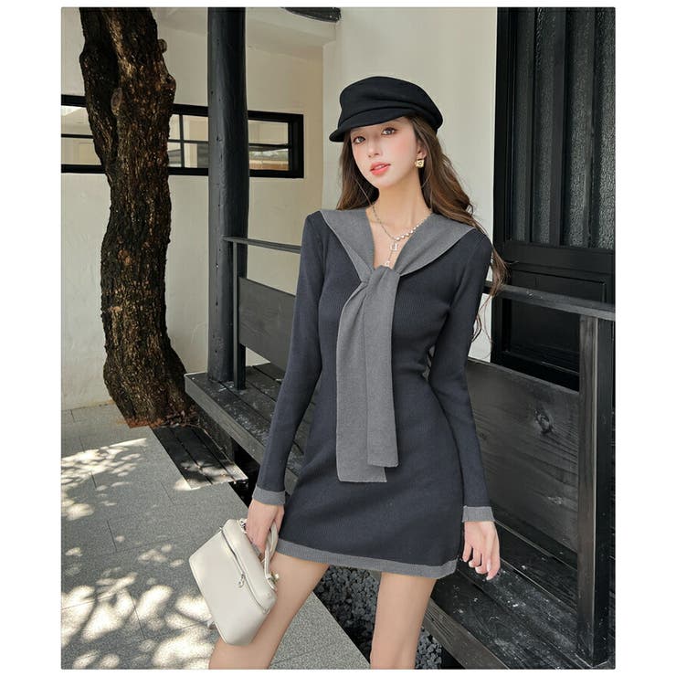 バイカラー ニットワンピース ショール付きデザイン | JS FASHION | 詳細画像14 