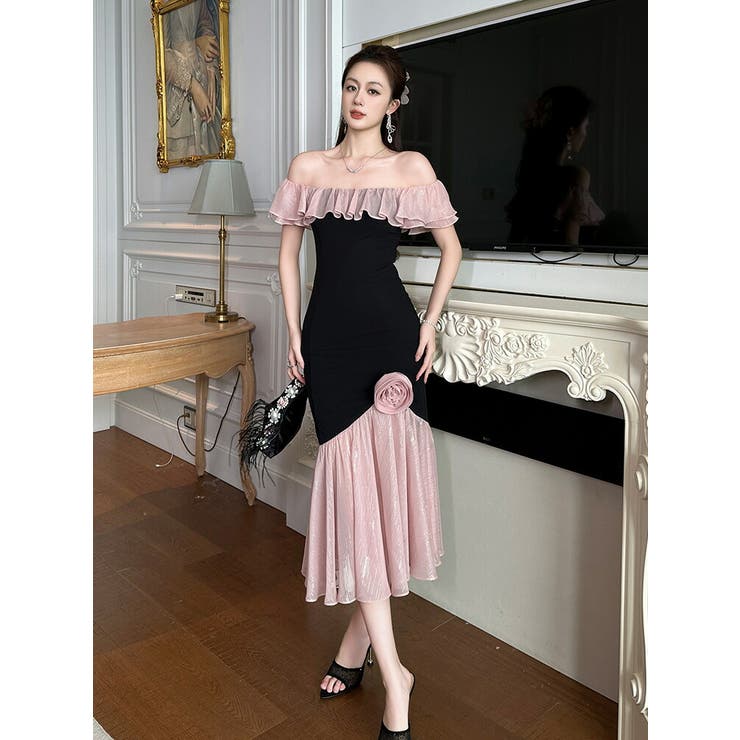 フリルバイカラー切替ワンピースドレスフォーマルお呼ばれ バイ フリルバイカラー切替ワンピースドレスフォーマルお呼ばれ バイ