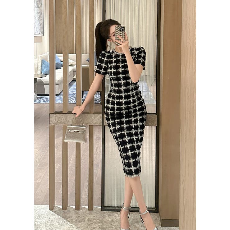 モノトーン チェック柄 タイト[品番：JSFW0014996]｜JS FASHION