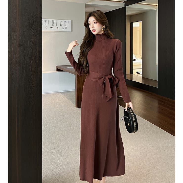 ハイネック リブニットワンピース ブラウン | JS FASHION | 詳細画像4 