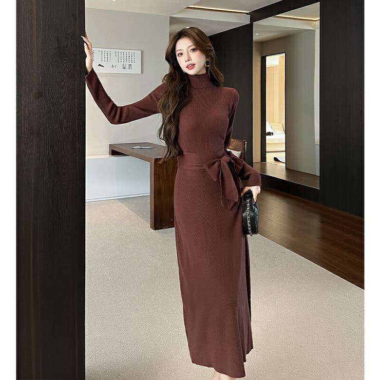 ハイネック リブニットワンピース ブラウン | JS FASHION | 詳細画像2 