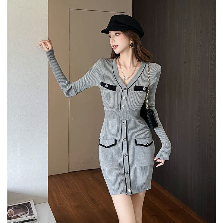 上品グレー タイト ニットワンピース | JS FASHION | 詳細画像1 