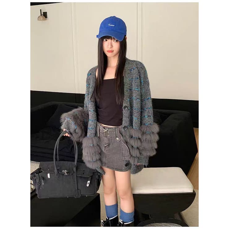 ニットカーディガン ファー付き ボーダー ロング丈 羽織り きれいめ 大人 | JS FASHION | 詳細画像3 