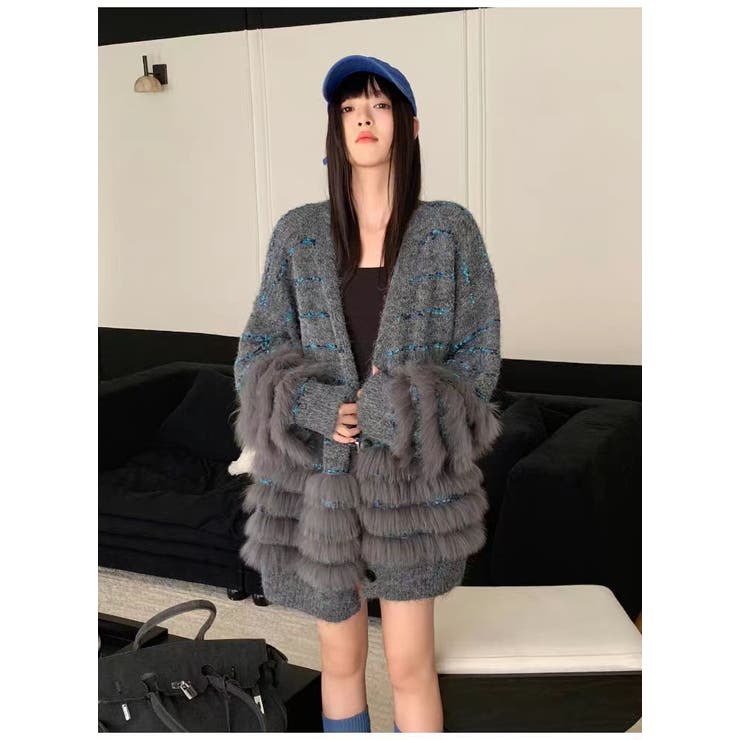 ニットカーディガン ファー付き ボーダー ロング丈 羽織り きれいめ 大人 | JS FASHION | 詳細画像4 